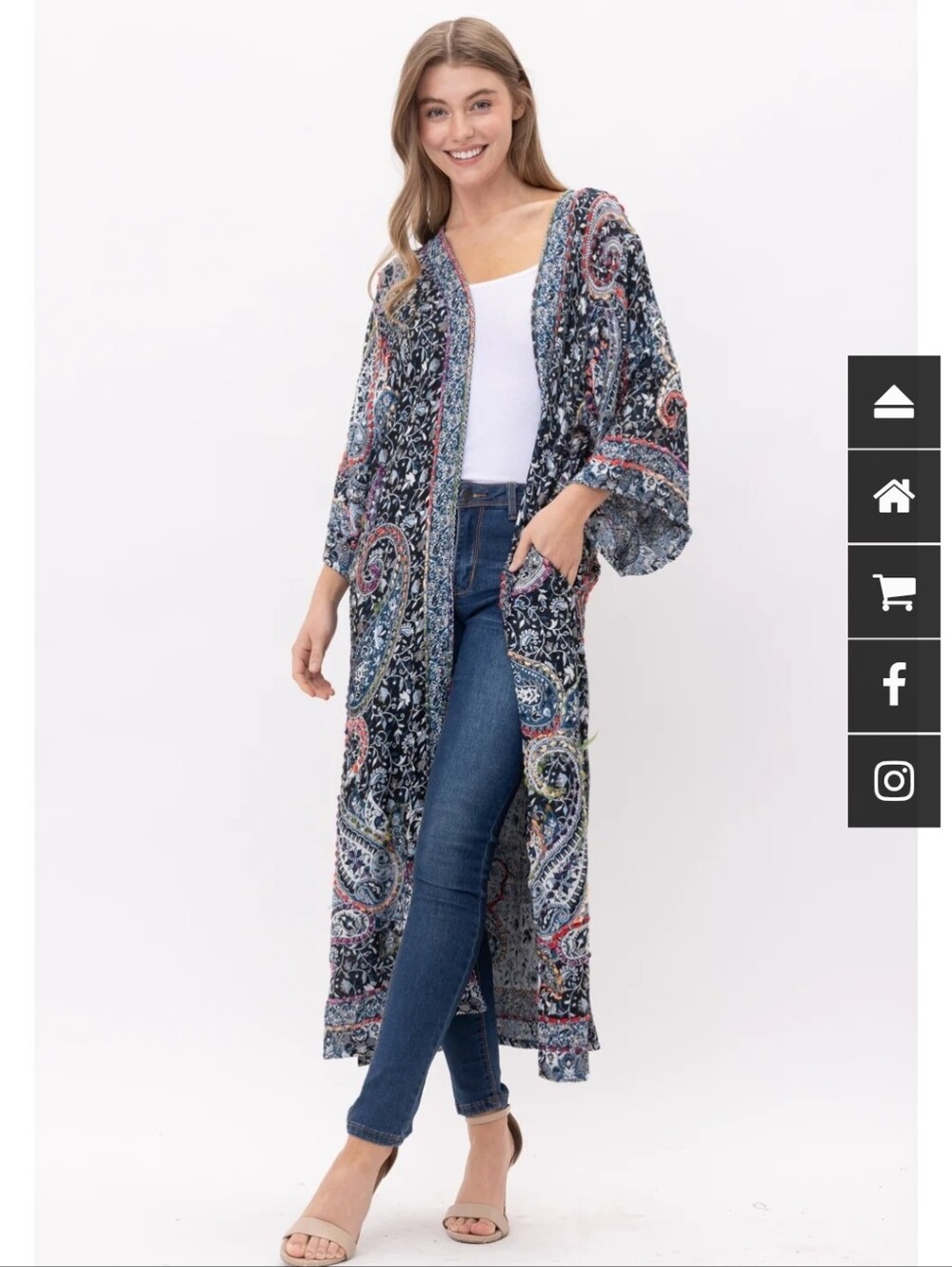 RAJ Sierra Blue Embroidered Floral Artist Boho Duster Long Jacket Kimono